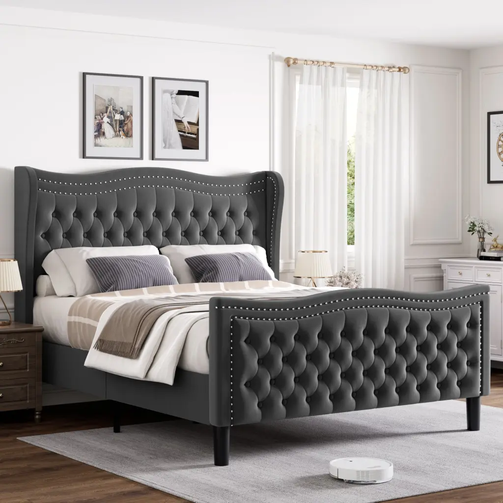 Lift Up Velvet Gray Full Bed Box Spring Not Required aobang furniture