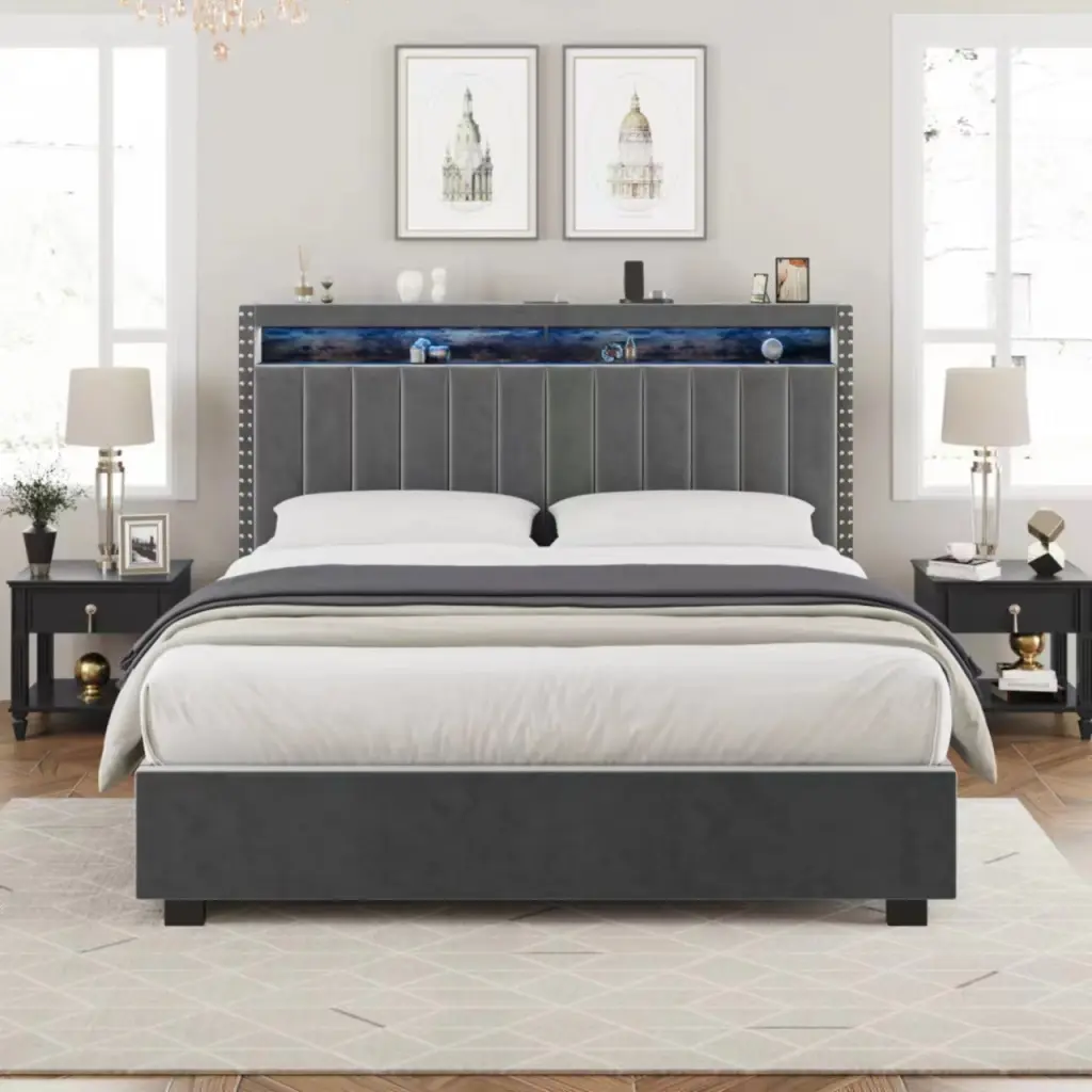 Premium King Gas Lift Storage Bed LED Lights and Headboard aobang furniture