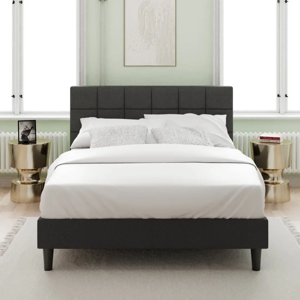 Upholstered Platform Bed Square Stitch Design Full Size Grey Timber b2711
