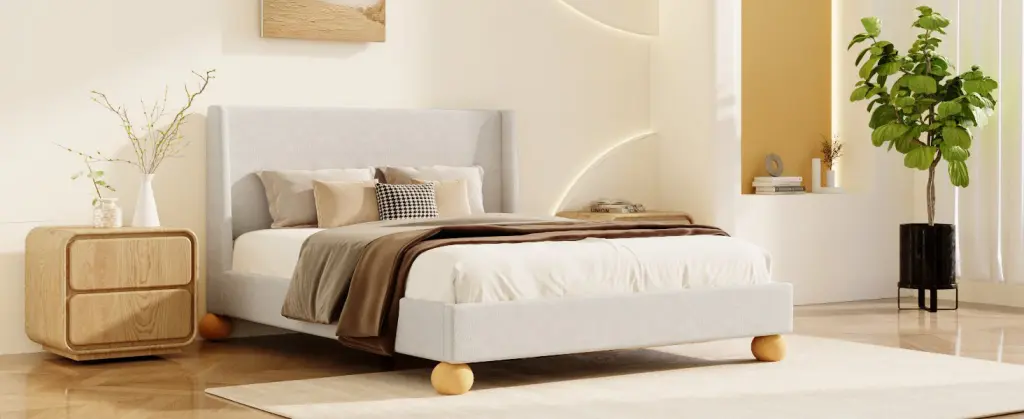 Modern Boucle Upholstered Platform Bed Wing Support Headboard bed best