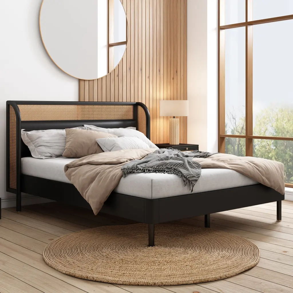 Modern Cannage Rattan Wood Platform Queen Bed Black Black Wood bed best
