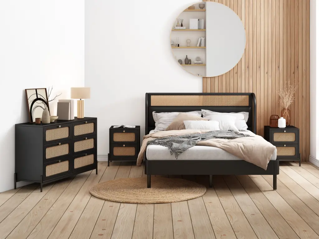 4 Piece Modern Cane Rattan Platform Queen Bed Nightstands bed best