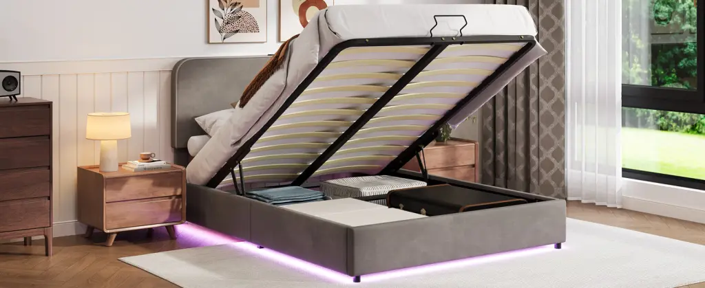 Queen Size Upholstered Platform Bed Hydraulic Lift Up Storage Bed Frame bed best
