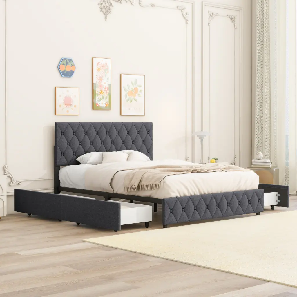 Queen Size Upholstered Platform Bed Frame 4 Storage Drawers Adjustable Headboard Modern Design bedepot