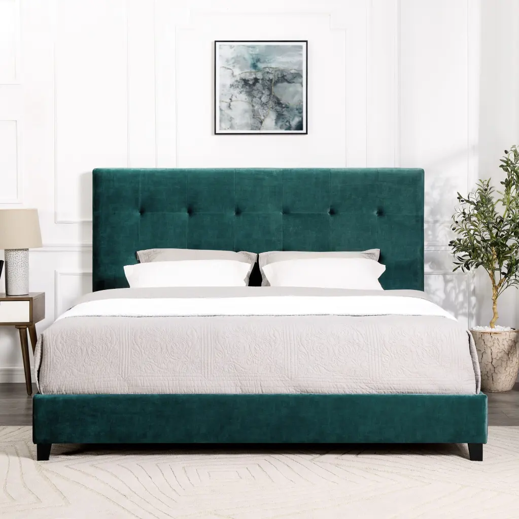 Green Velvet Tufted Upholstered Platform Bed Box Spring bridgevine home