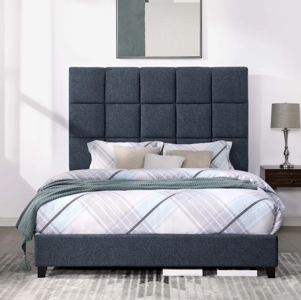Queen Size Navy Blue Denim Squares Upholstered Platform Bed Box Spring bridgevine home