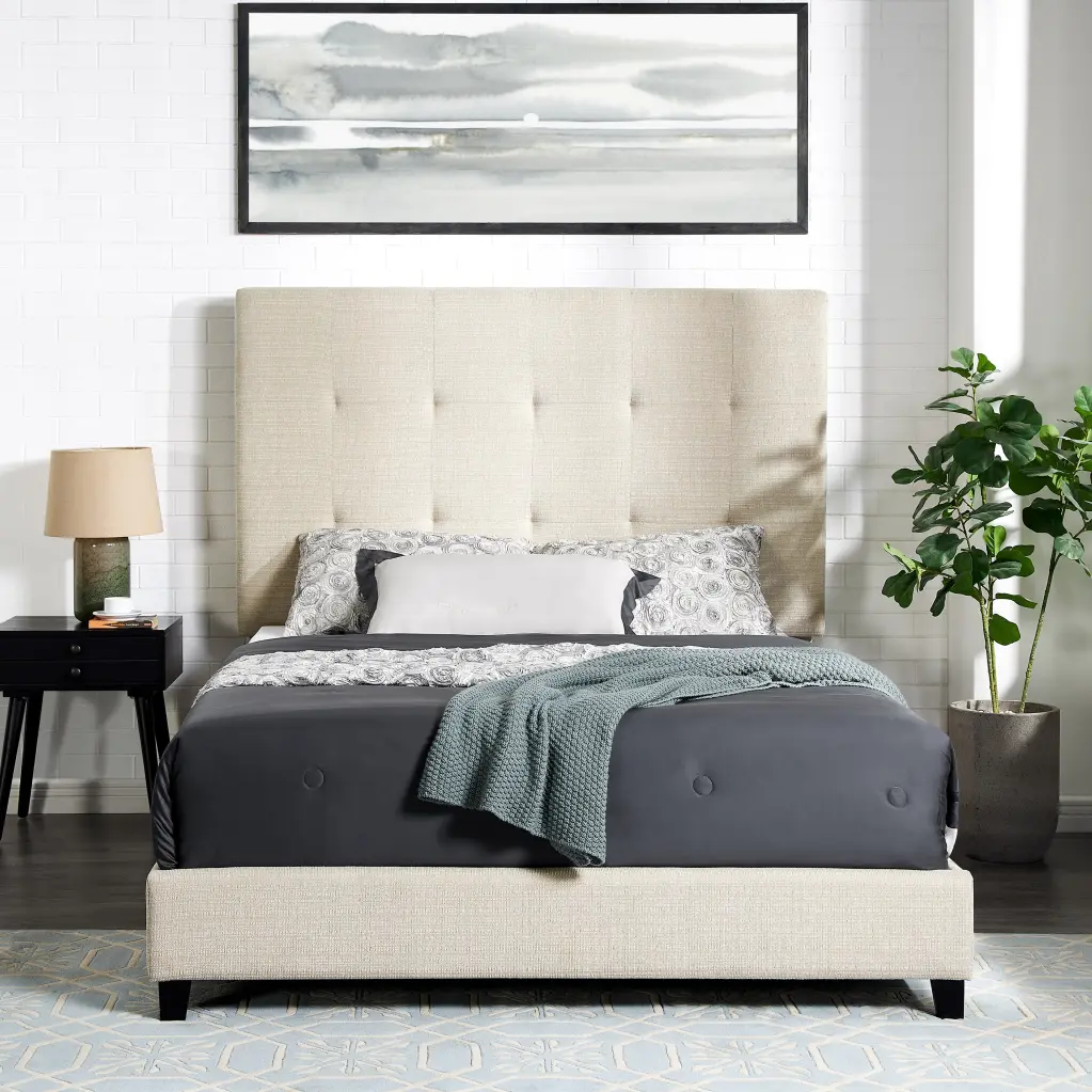 Queen Tufted Upholstered Platform Bed Beige Box Spring Required bridgevine home