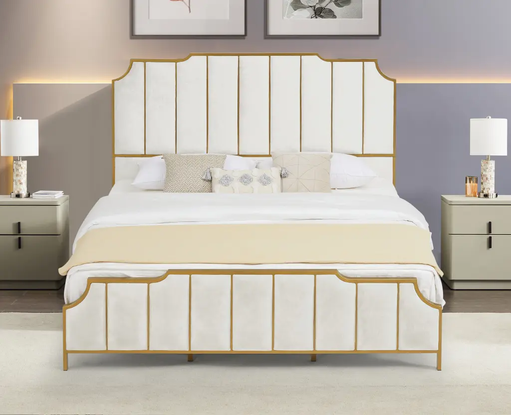 King Upholstered Platform Bed High Headboard And Wooden Frame Modern Design ching hing-furniture