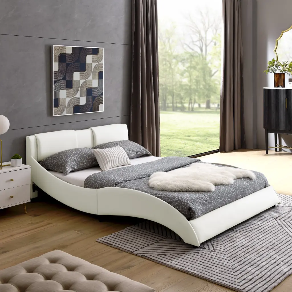 Queen Bed Frame Modern Faux Hide Upholstered Platform Bed Storage chuangyuan smart home