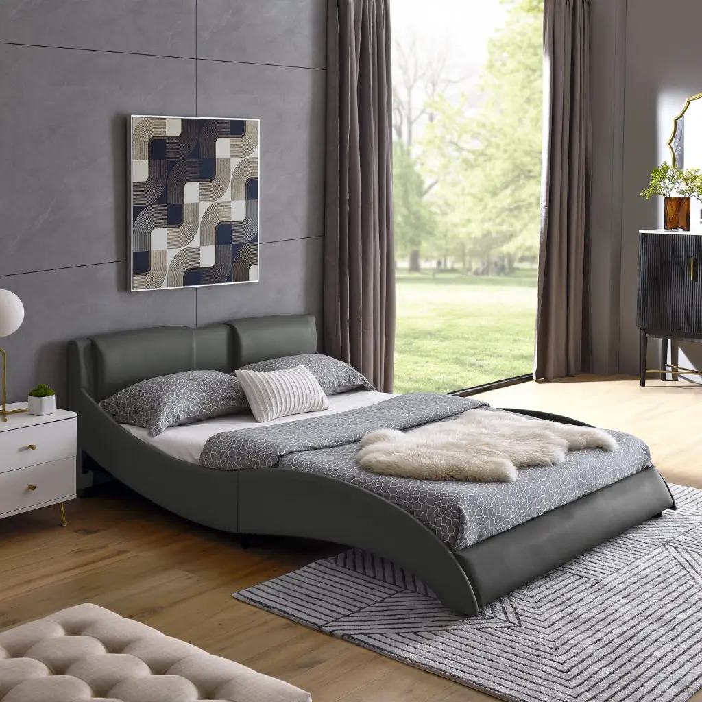 Queen Bed Frame Modern Faux Leather Upholstered Platform Bed Headboard chuangyuan smart home