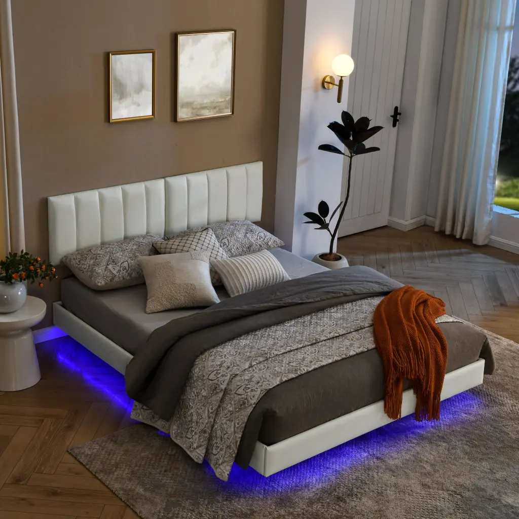 Queen Floating Bed Frame LED Lights and Wall Mounted Headboard Modern chuangyuan smart home