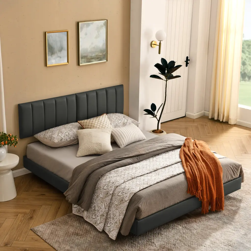 Queen Floating Bed Frame Wall Mounted Headboard Modern Low Profile Platform Bed chuangyuan smart home