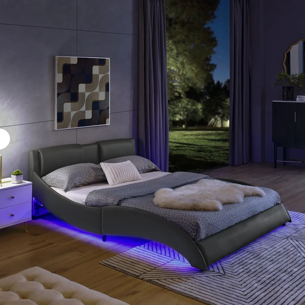 Queen Size Modern Faux Hide Upholstered Platform Bed Frame LED Headboard chuangyuan smart home