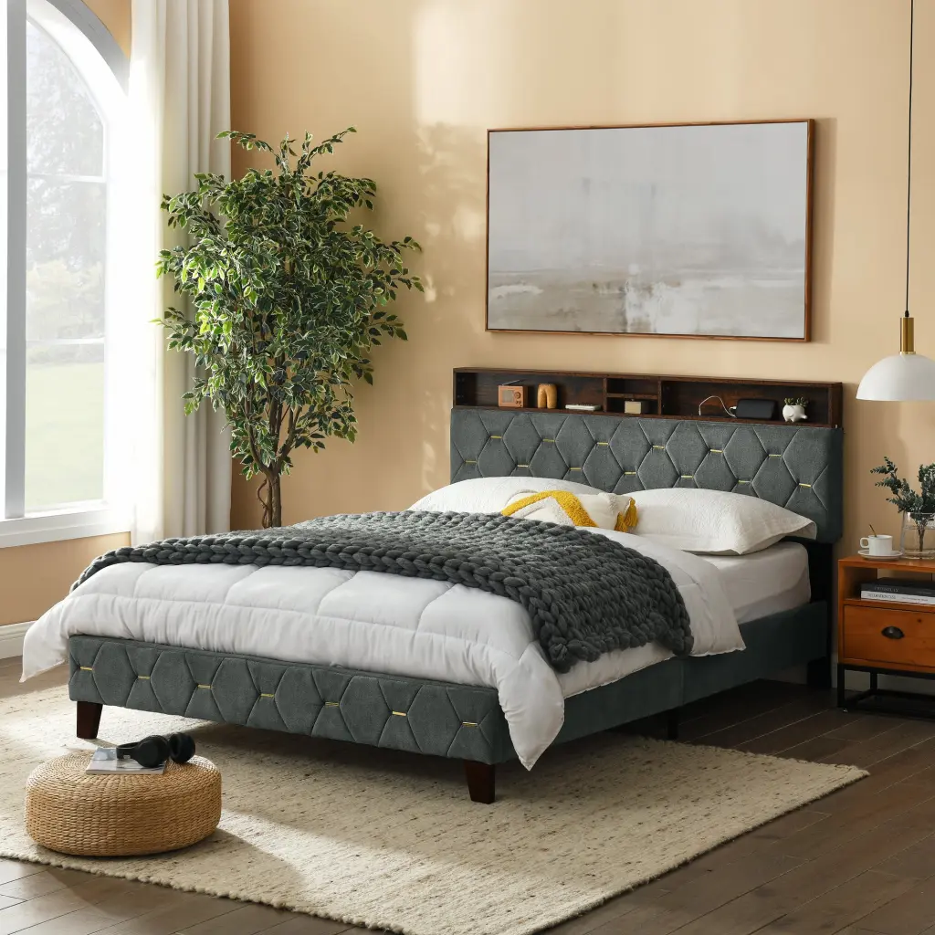 Queen Size Upholstered Platform Bed Frame Shelf Headboard chuangyuan smart home
