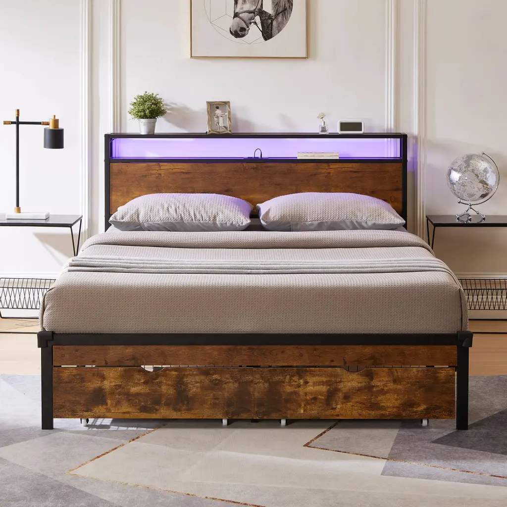 Full Size Metal Platform Bed Frame Wooden Headboard and Footboard civilfurniture