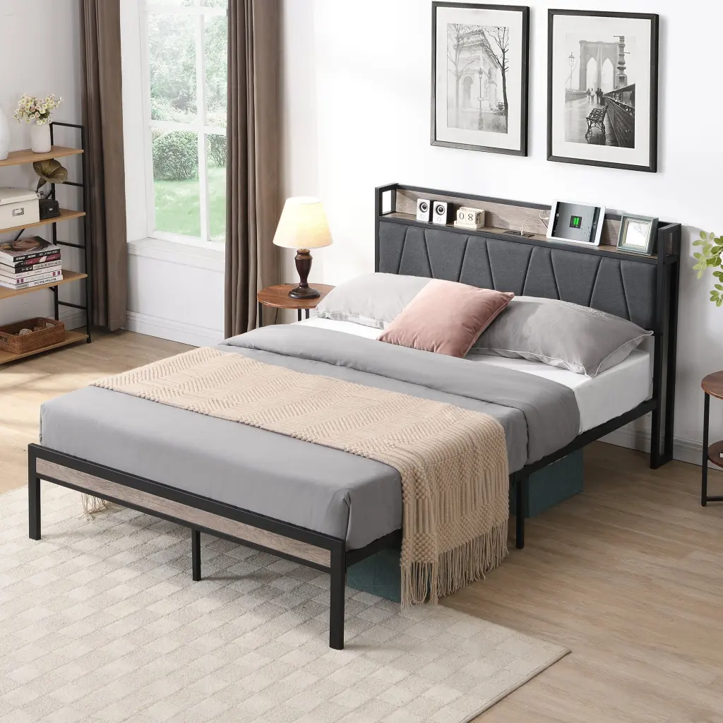 Full Size Metal Platform Bed Frame Upholstery Storage Function Heavy Duty Bed Frame civilfurniture