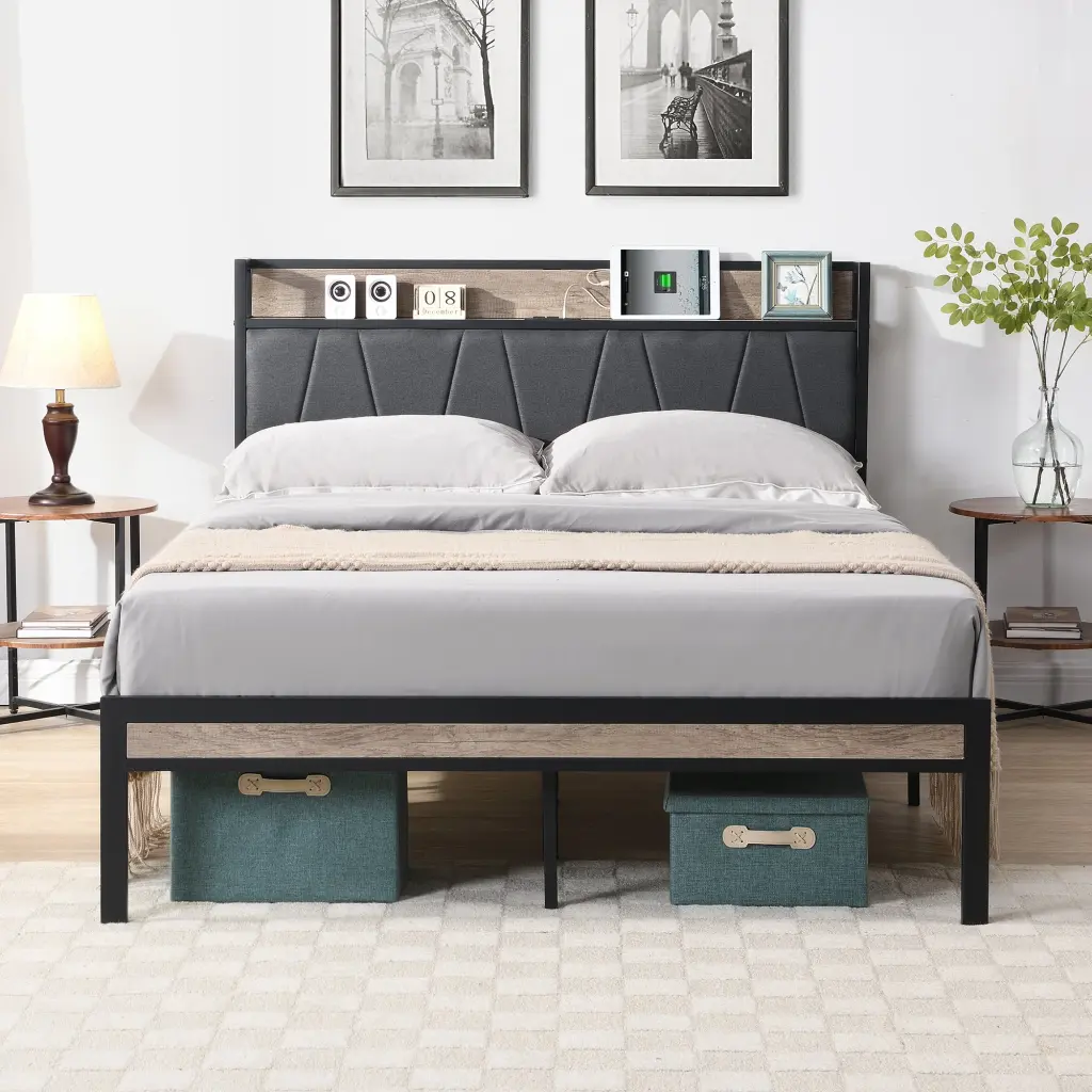 Queen Size Metal Platform Bed Frame Upholstery Storage Function Headboard civilfurniture