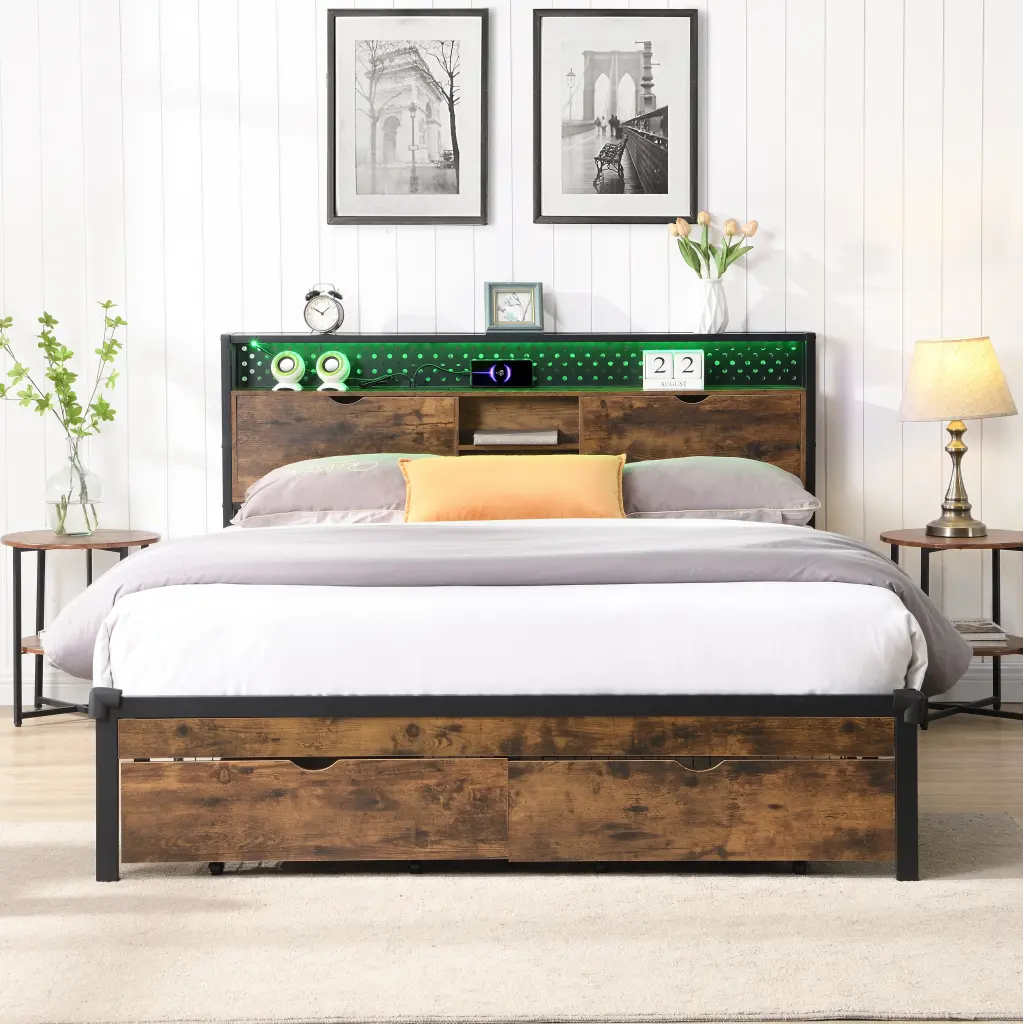 Queen Size Metallic Platform Bed Frame Wooden Headboard and Footboard civilfurniture