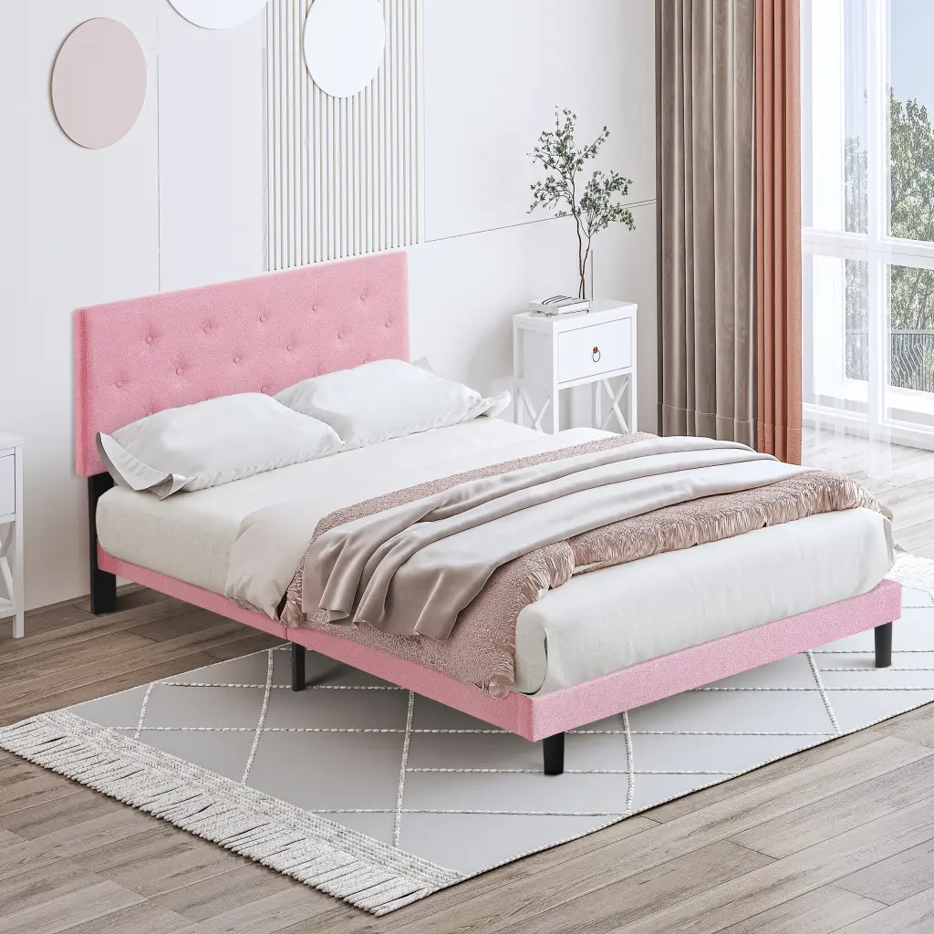 Queen Size Upholstered Platform Bed Frame Modern Button Tufted Headboard civilfurniture