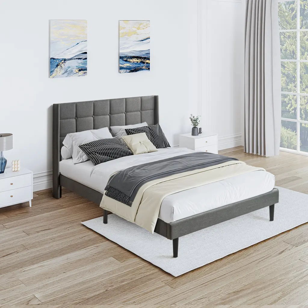 Queen Size Upholstered Platform Bed Frame Modern Button Tufted Design civilfurniture