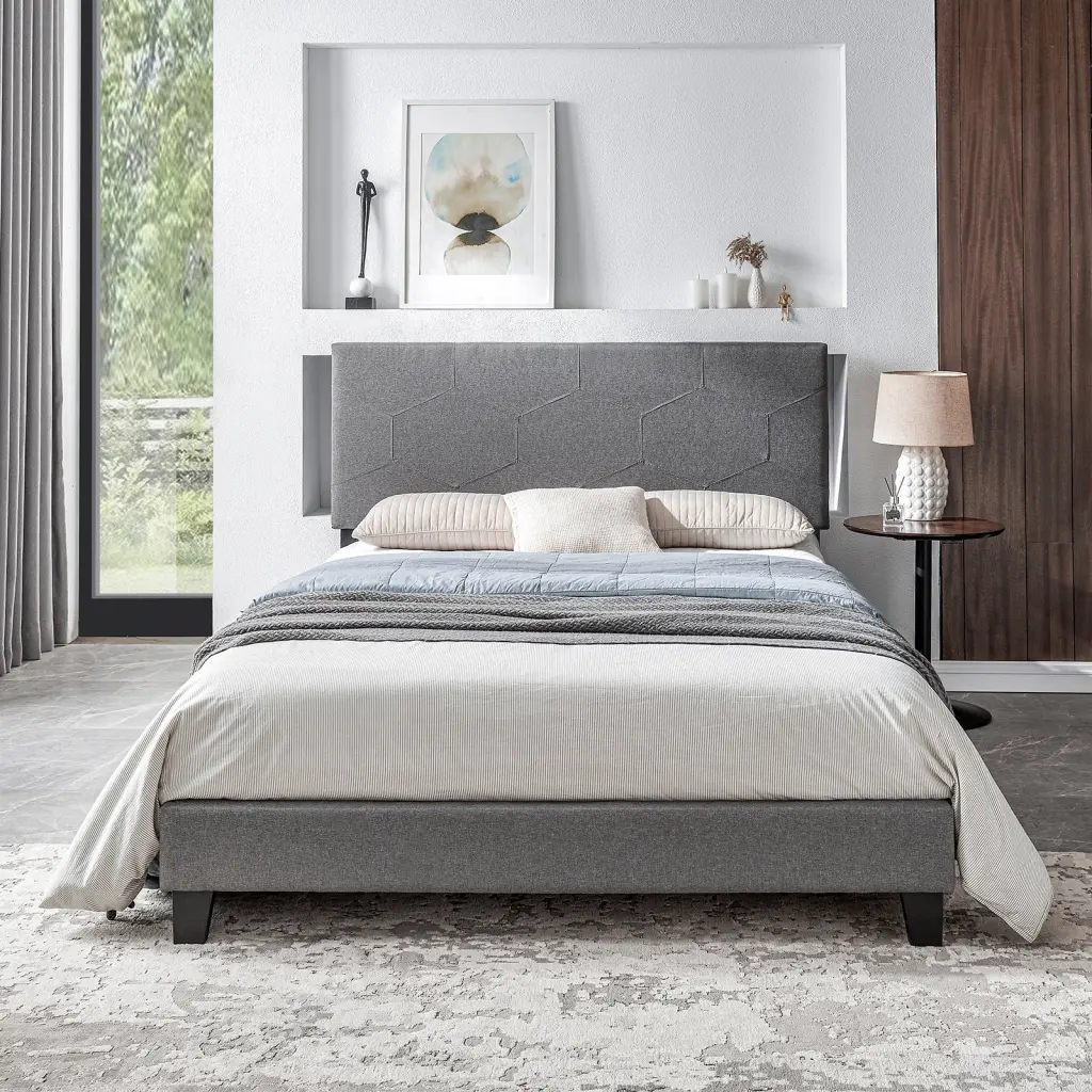 Queen Upholstered Platform Bed Frame Timber Slat Support Easy Assembly civilfurniture