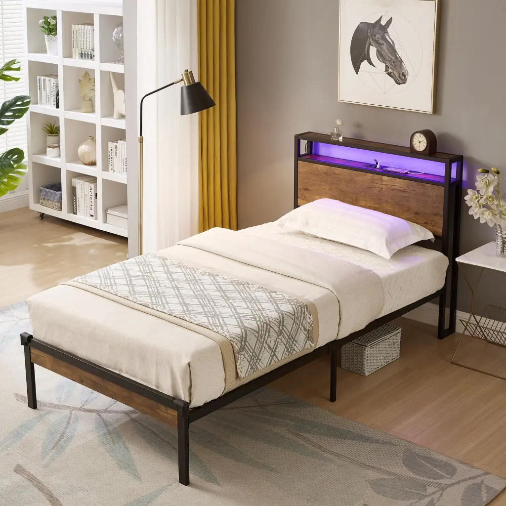 Twin Size Metal Platform Bed Frame Wooden Headboard and Footboard civilfurniture