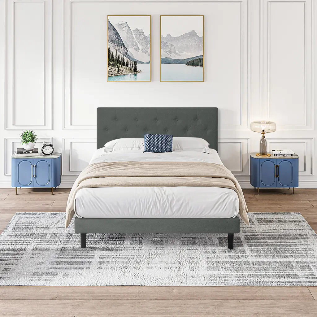 Twin Upholstered Platform Bed Frame Modern Button Tufted Headboard civilfurniture