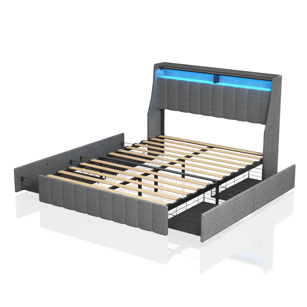 Full Bed Frame LED Lights and 4 Under Bed Storage Drawers f-concept
