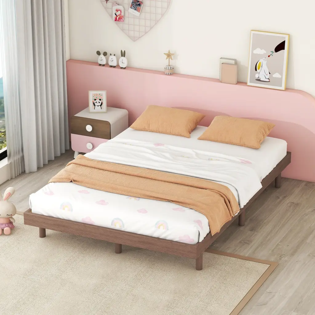 Modern Design Full Floating Platform Bed Frame Walnut Color fangxing