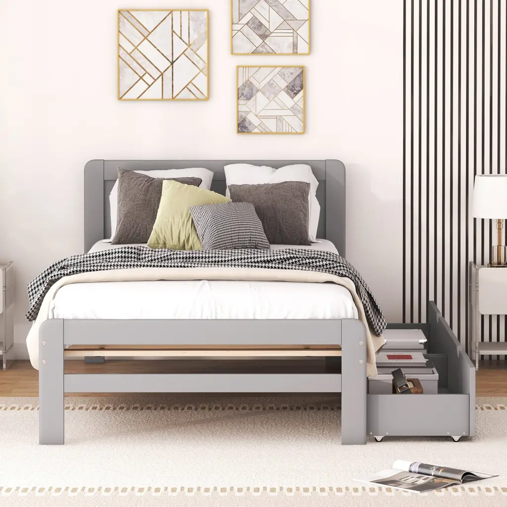 Modern Design Twin Size Platform Bed Frame 2 Drawers Grey fangxing