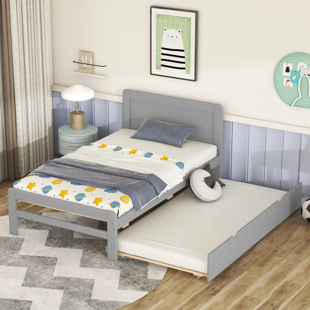 Modern Design Twin Size Platform Bed Frame Trundle Grey Color Kids Bed fangxing