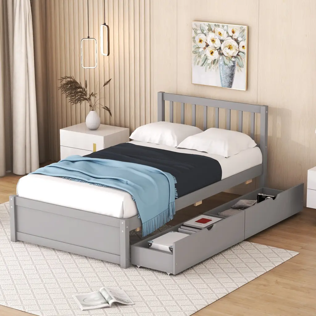 Modern Design Twin Size Platform Bed 2 Drawers Grey Wooden Frame fangxing