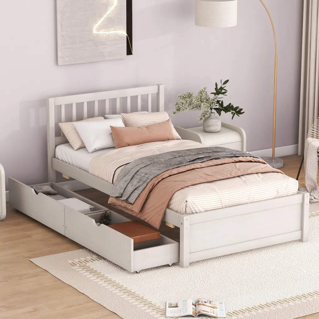 Modern Design Wooden Twin Platform Bed 2 Drawers White Finish fangxing