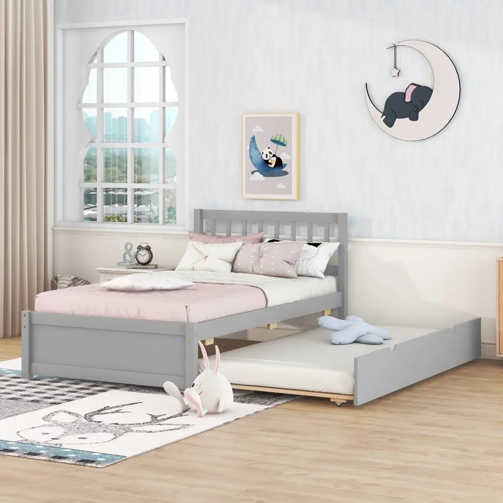 Modern Design Wooden Twin Platform Bed Frame Trundle, Great Guests fangxing