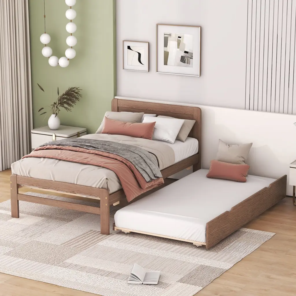 Modern Design Wooden Twin Size Platform Bed Frame Trundle Wall fangxing
