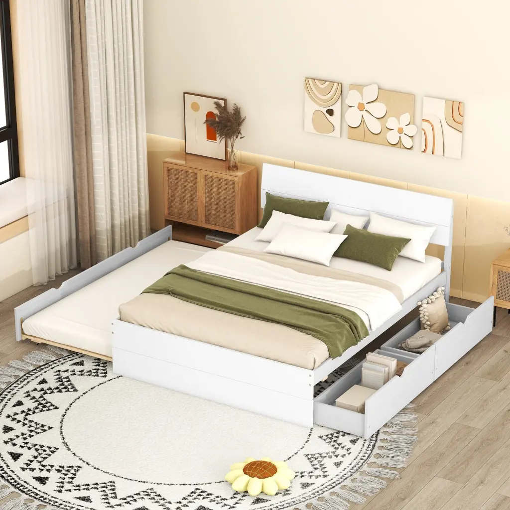 Modern Full Bed Frame Twin Trundle and 2 Storage Drawers White fangxing