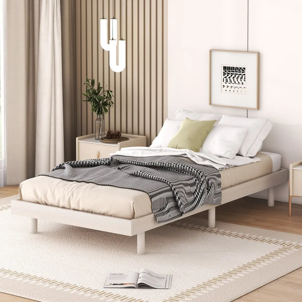 Modern Twin Floating Platform Bed Frame White Washed Wood Minimalist Design fangxing