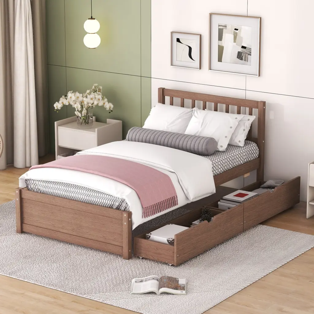 Modern Twin Size Platform Bed 2 Drawers Walnut Hue Wooden Bed Frame fangxing