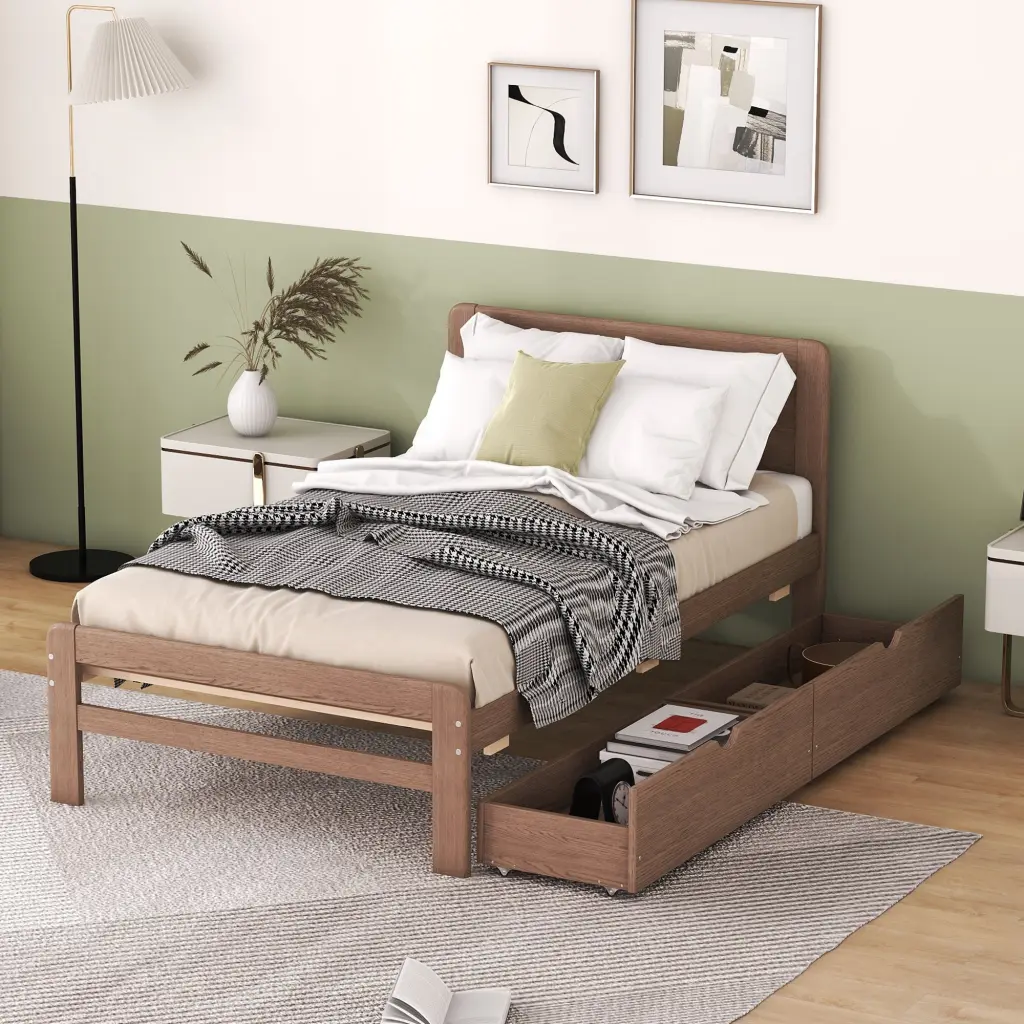 Modern Twin Size Platform Bed Frame 2 Drawers Walnut fangxing