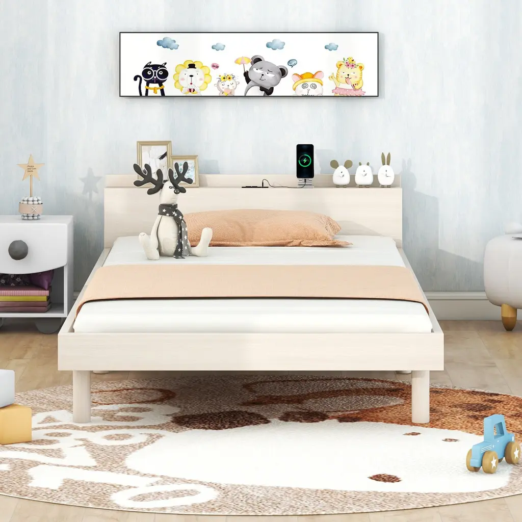 Modern Twin Size Platform Bed Frame Built- USB Ports fangxing