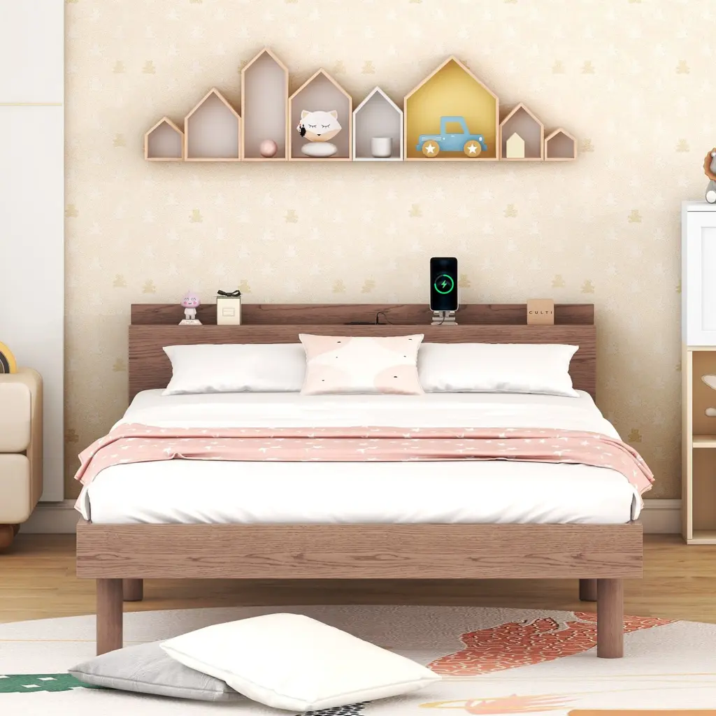 Modern Twin Size Platform Bed Frame Built- USB Port fangxing