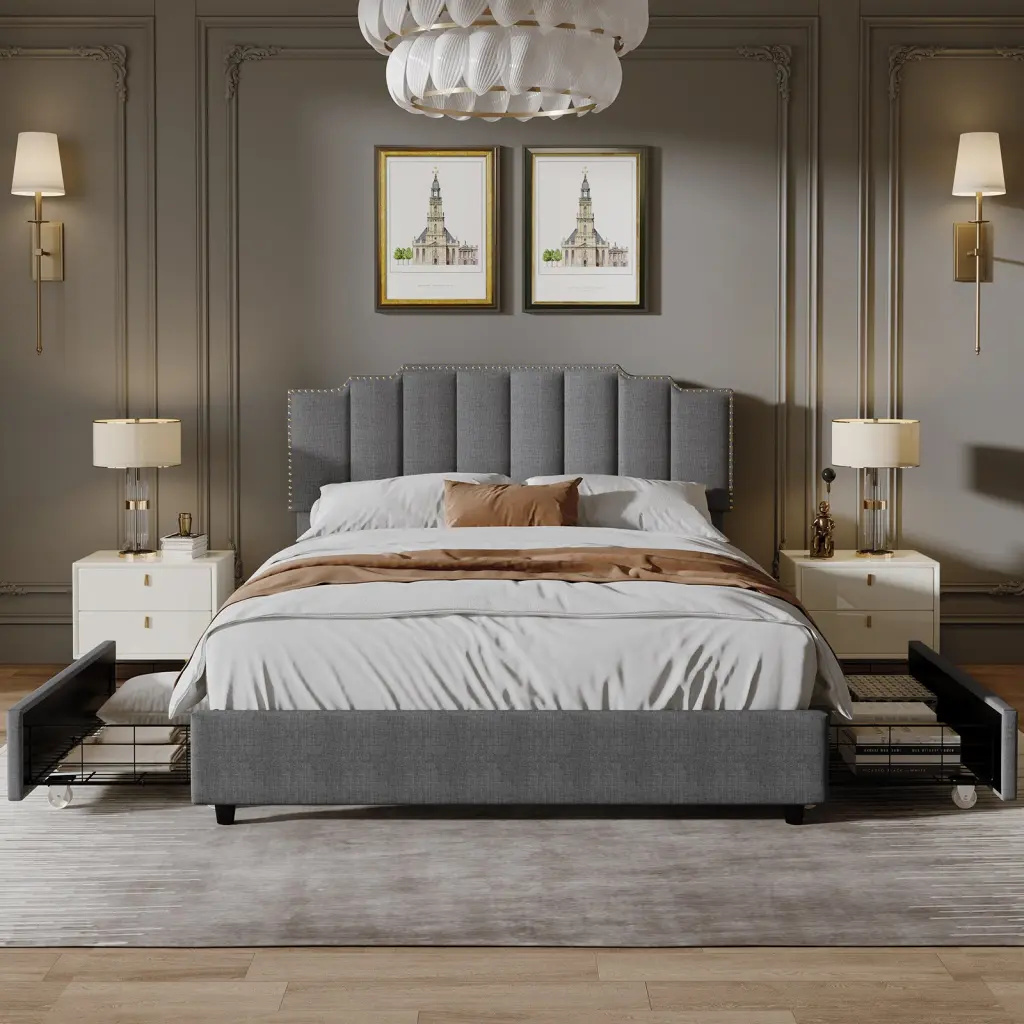 Queen Upholstered Platform Bed Linen Bed Frame 2 Drawers Storage first choice products