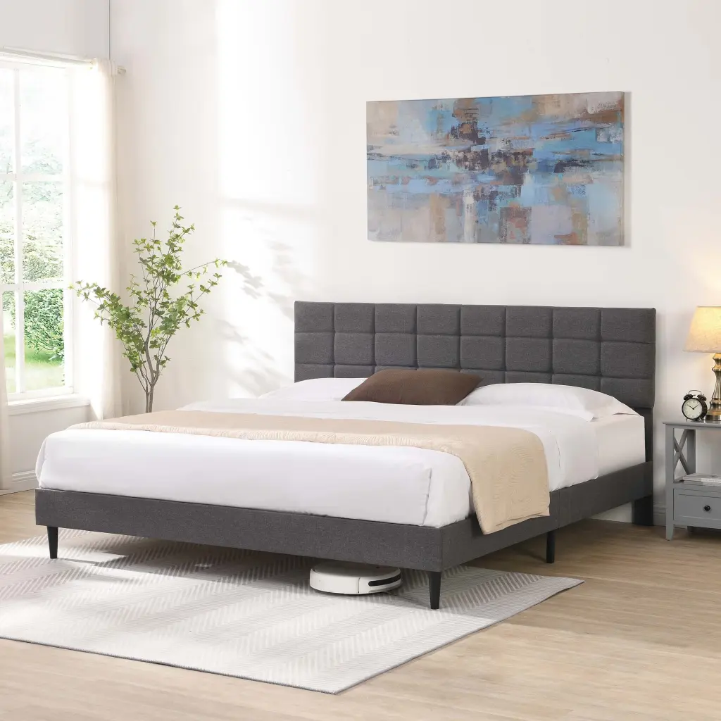 King Dimensions Platform Bed Frame Upholstered Headboard and Wooden Base flyx furniture