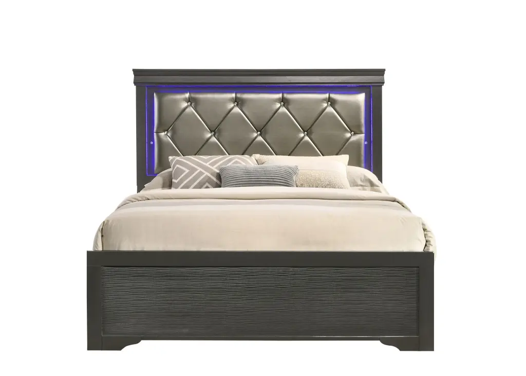 Modern Brooklyn Full Size LED Bed Wood Frame Gray Box Spring Replacement galaxy home furnishings