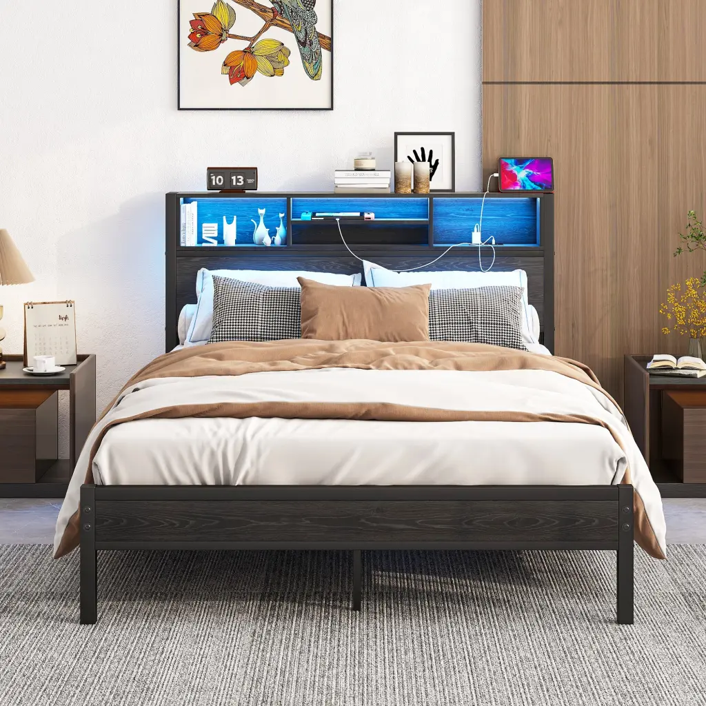 Full Size Bed Frame Storage Headboard Metallic Platform Bed home furniture