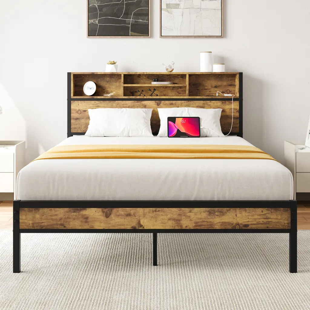 Full Size Bed Frame Storage Headboard Metal Platform Bed Charging Ports home furniture