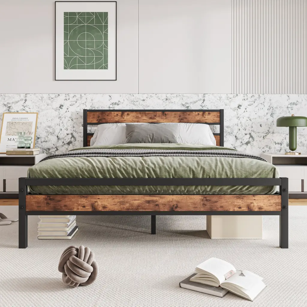 Queen Dimensions Platform Bed Frame Rustic Vintage Wood Headboard home furniture