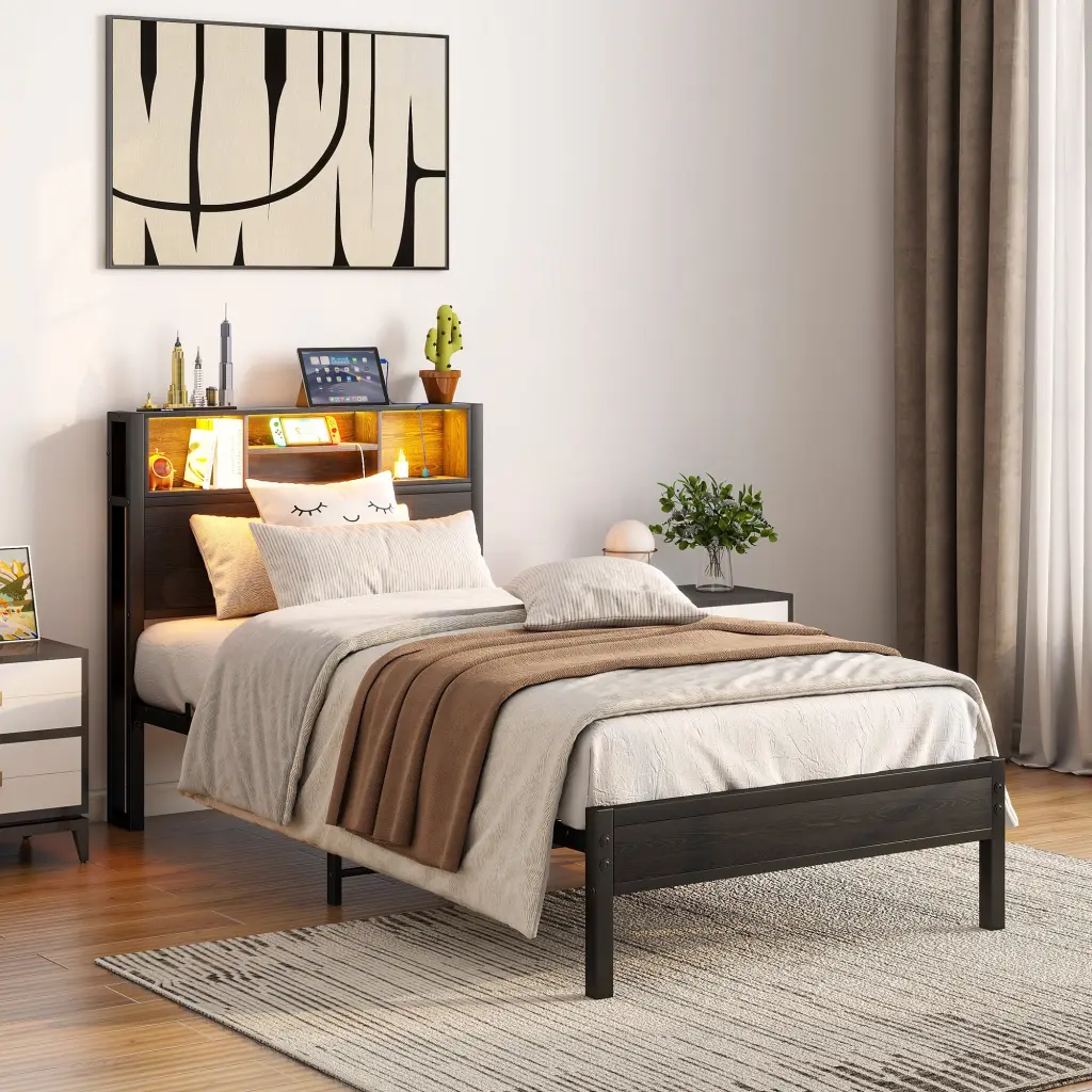 Twin Dimensions Bed Frame Storage Headboard Metallic Platform Bed home furniture