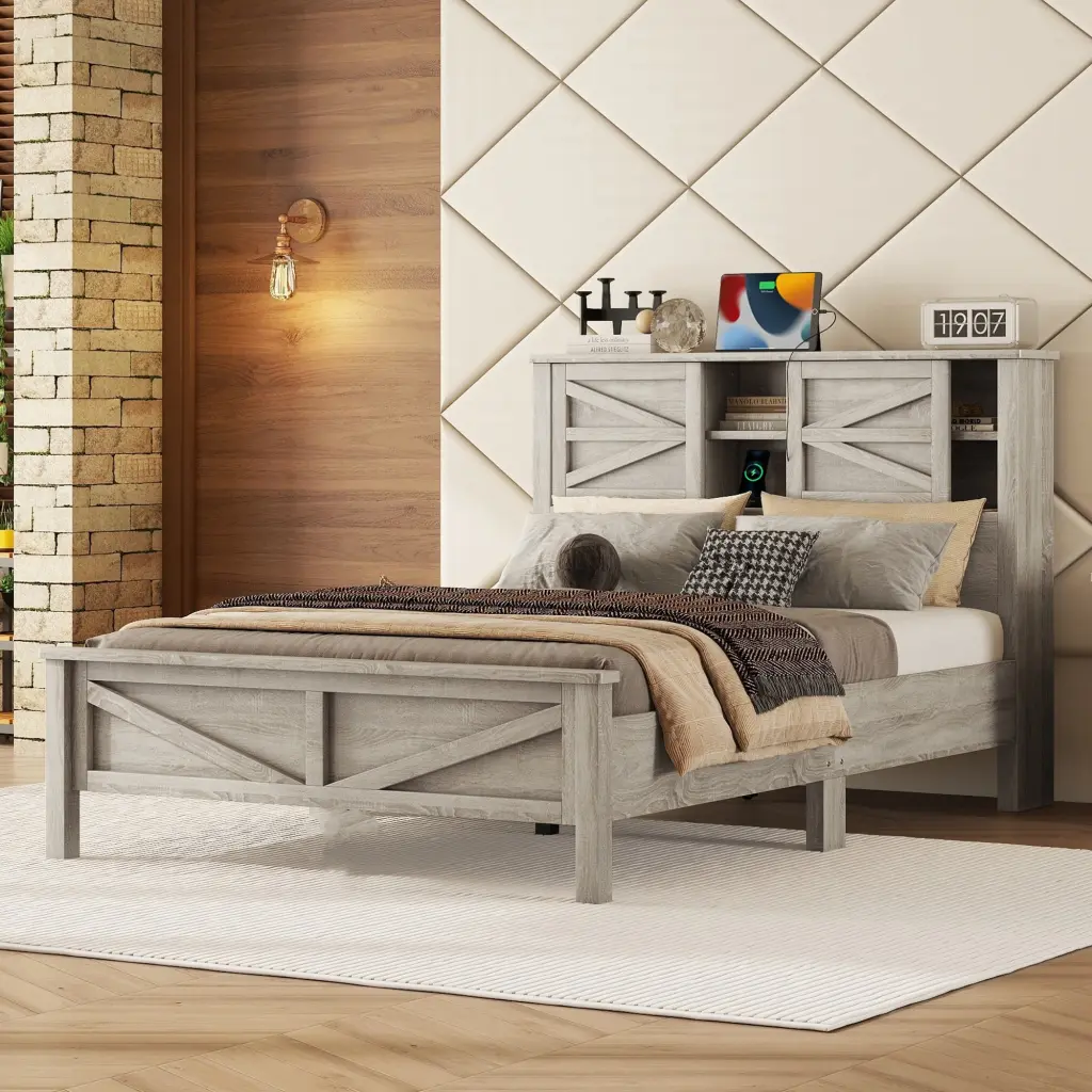 Farmhouse Platform Bed Double Sliding Barn Door Full Size Rustic Bed Frame homey life