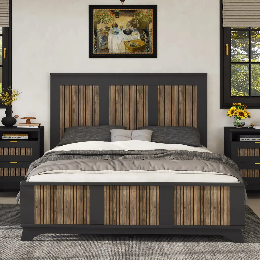 Farmhouse Wooden Platform Queen Bed Modern Bed Frame Wooden Slats homey life